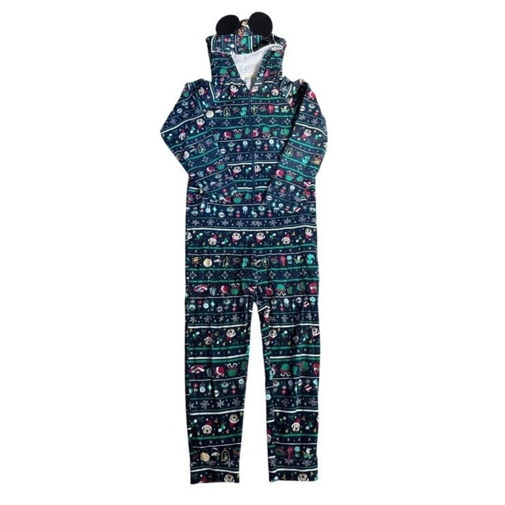 Disney Disneyland Christmas Pajamas Zip Front Mickey Mouse Ears Pockets Size 2XL